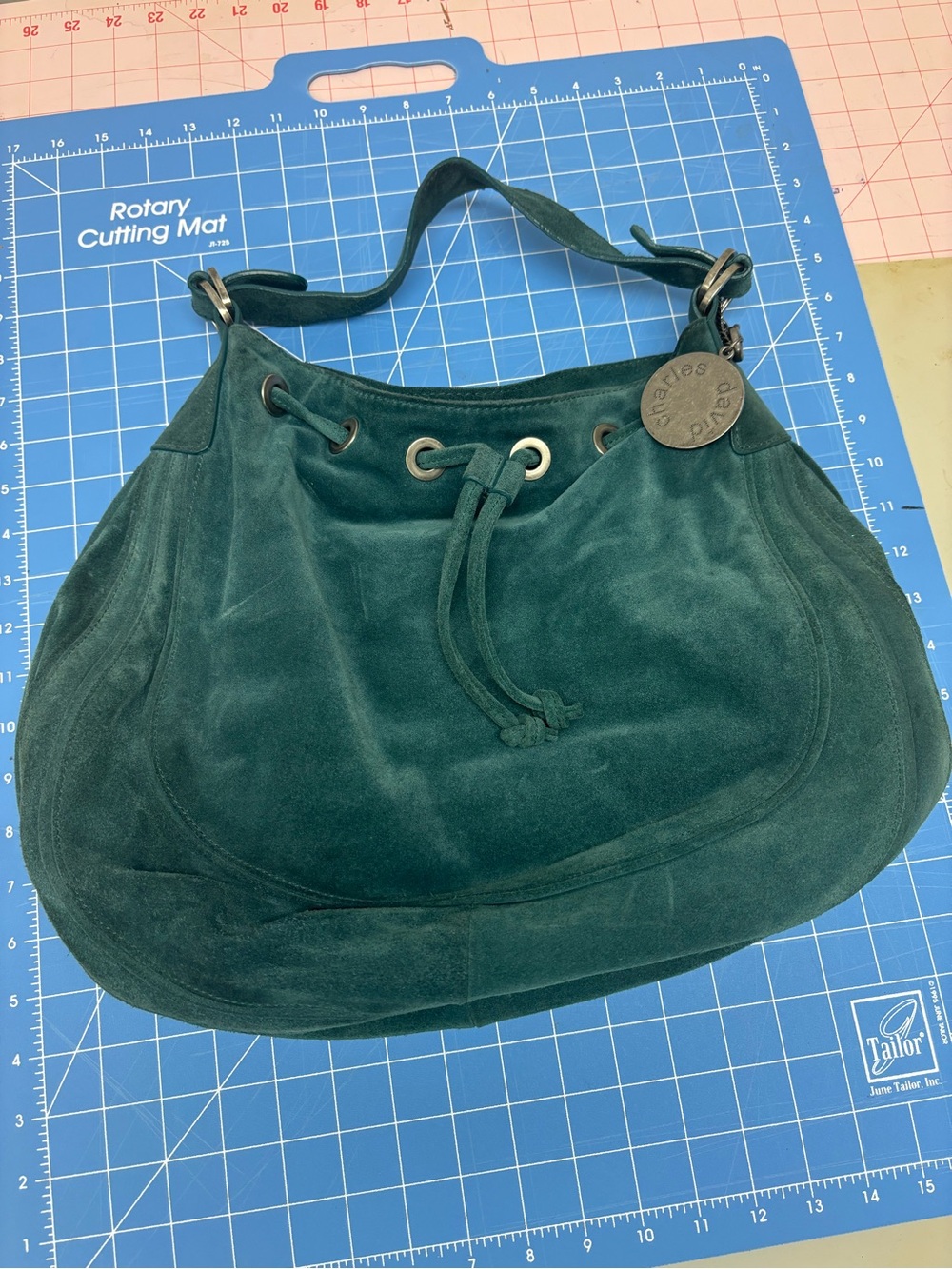 Charles David Teal Suede Drawstring Hobo Bag - Picture 2 of 3
